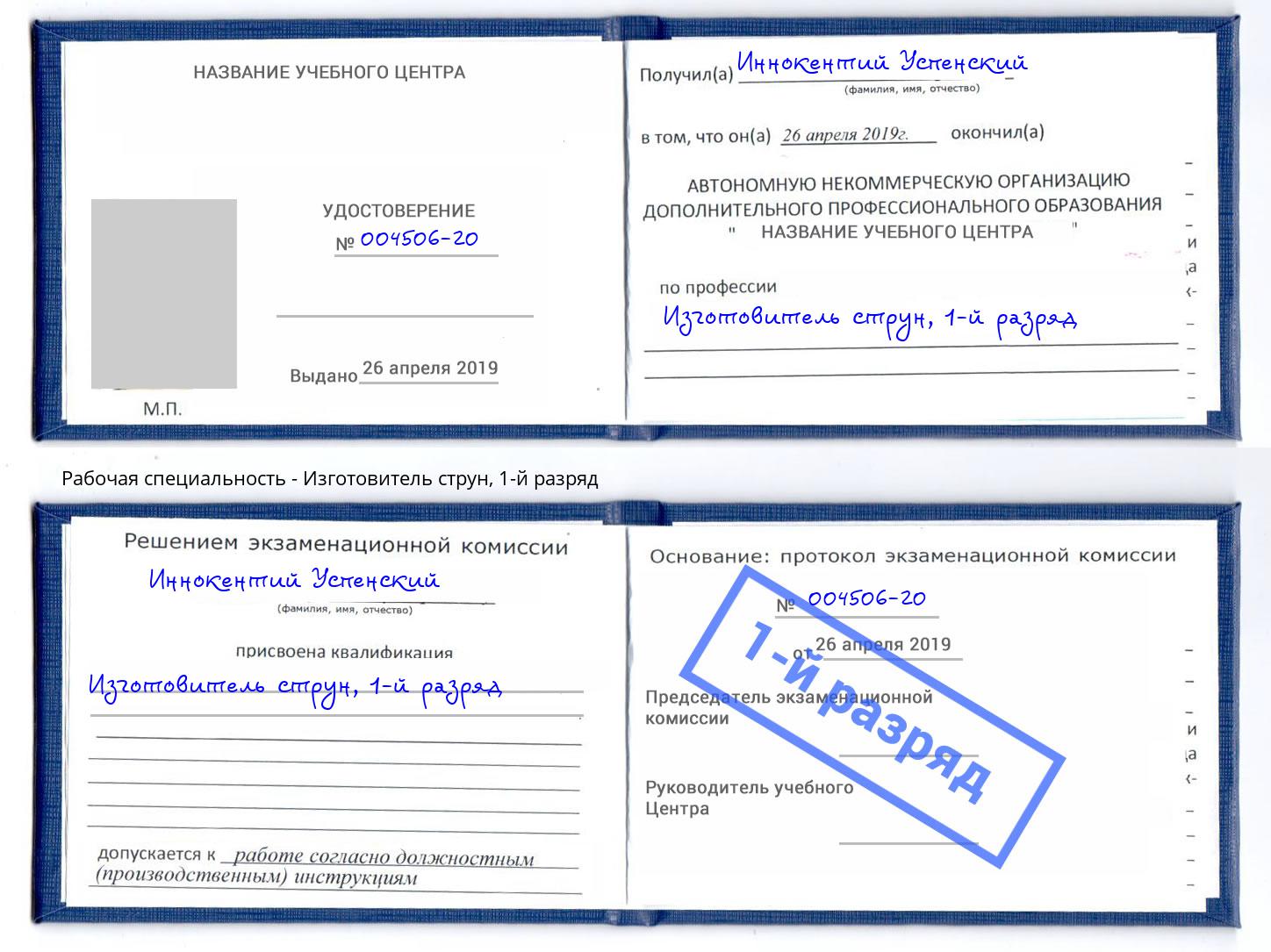 корочка 1-й разряд Изготовитель струн Хасавюрт