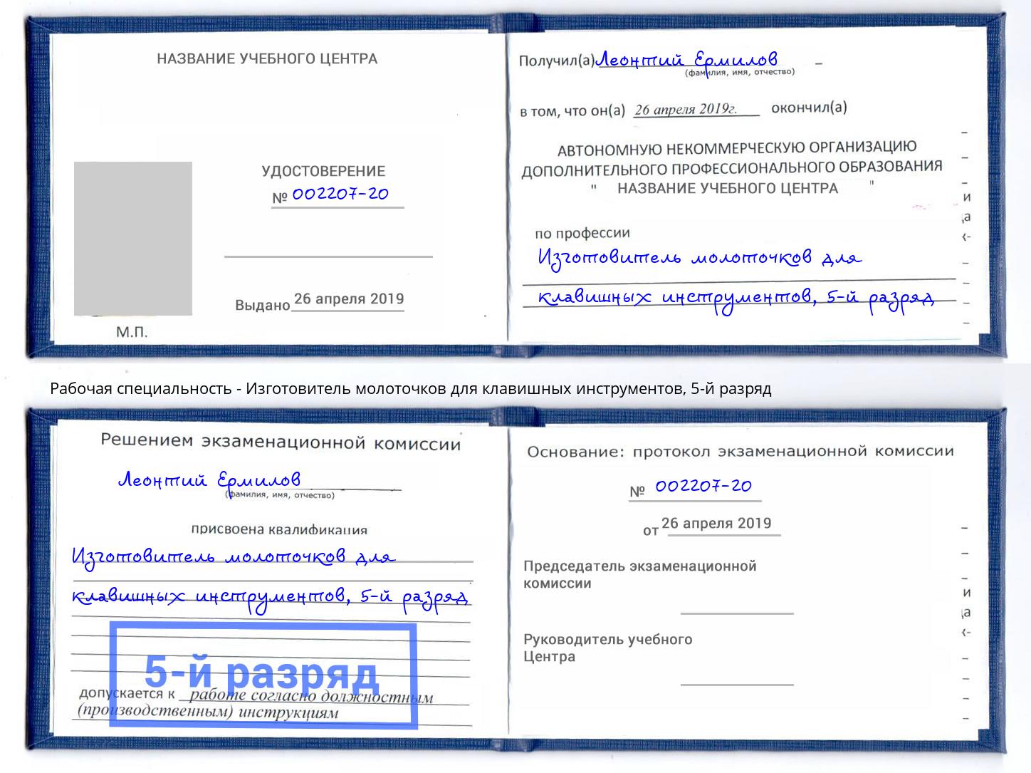 корочка 5-й разряд Изготовитель молоточков для клавишных инструментов Хасавюрт