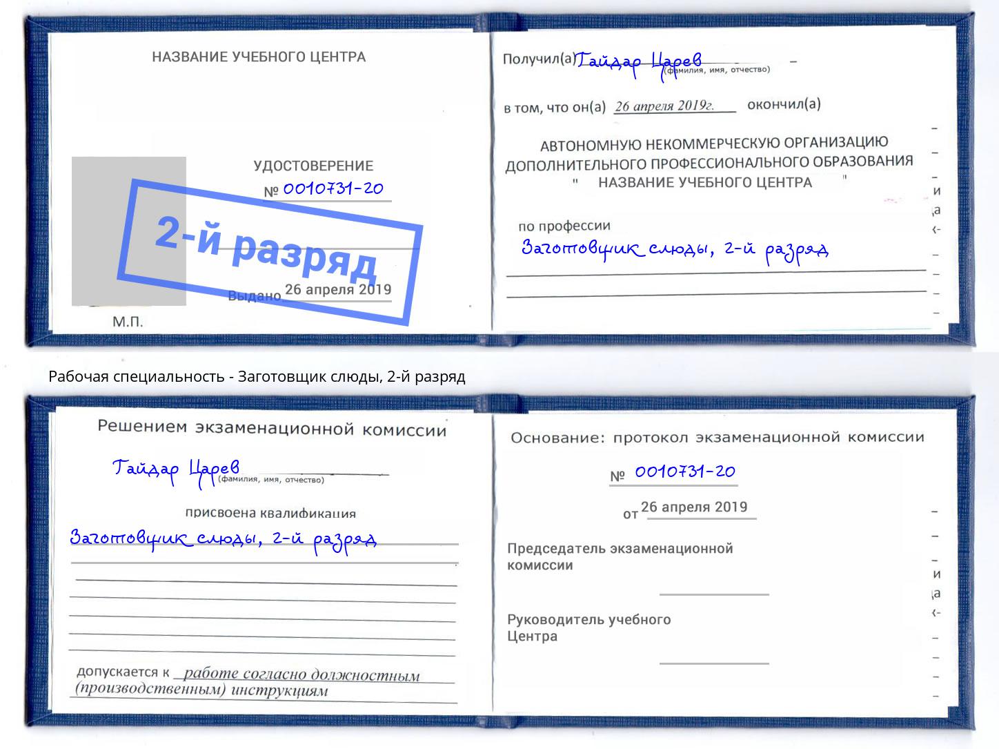 корочка 2-й разряд Заготовщик слюды Хасавюрт