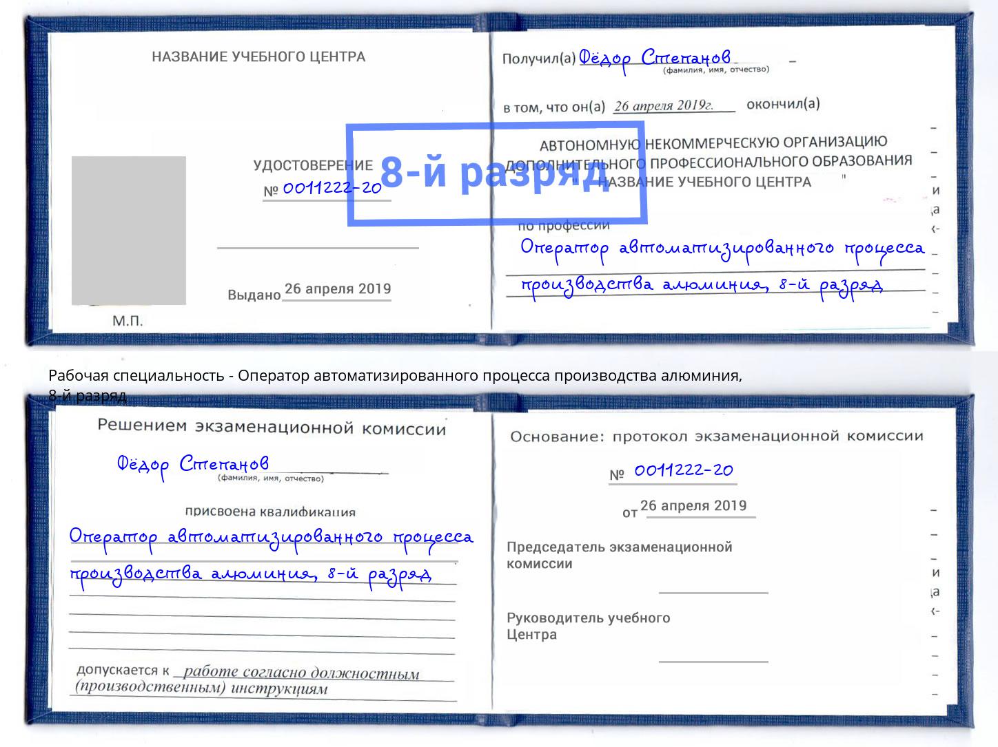 корочка 8-й разряд Оператор автоматизированного процесса производства алюминия Хасавюрт