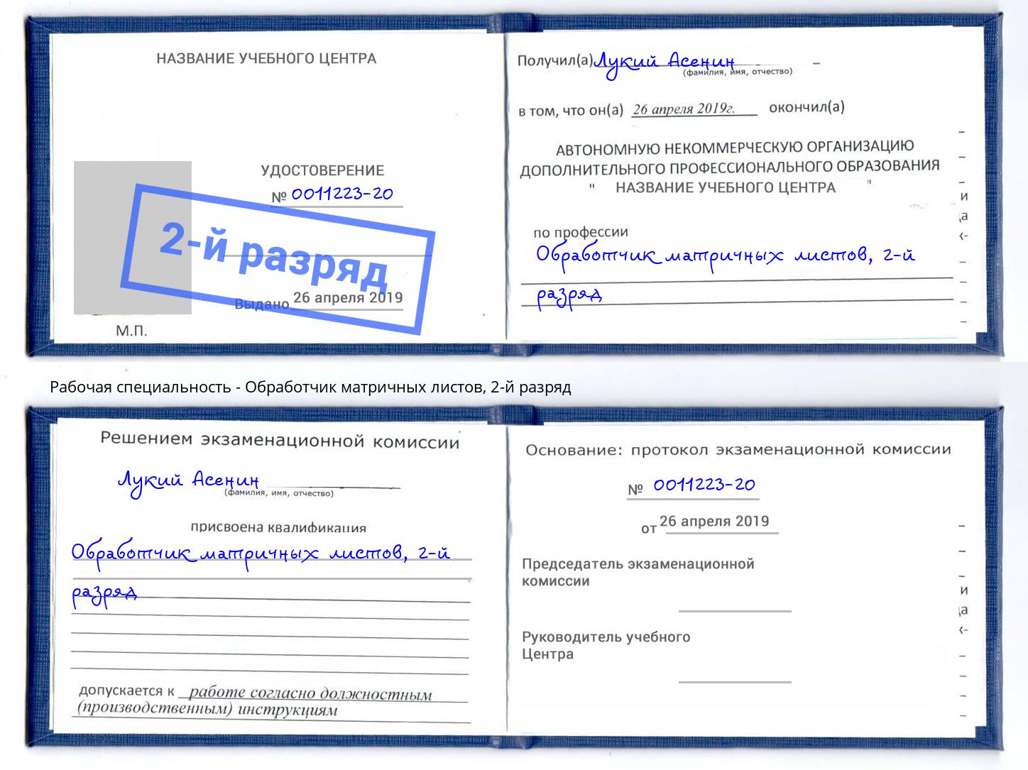 корочка 2-й разряд Обработчик матричных листов Хасавюрт