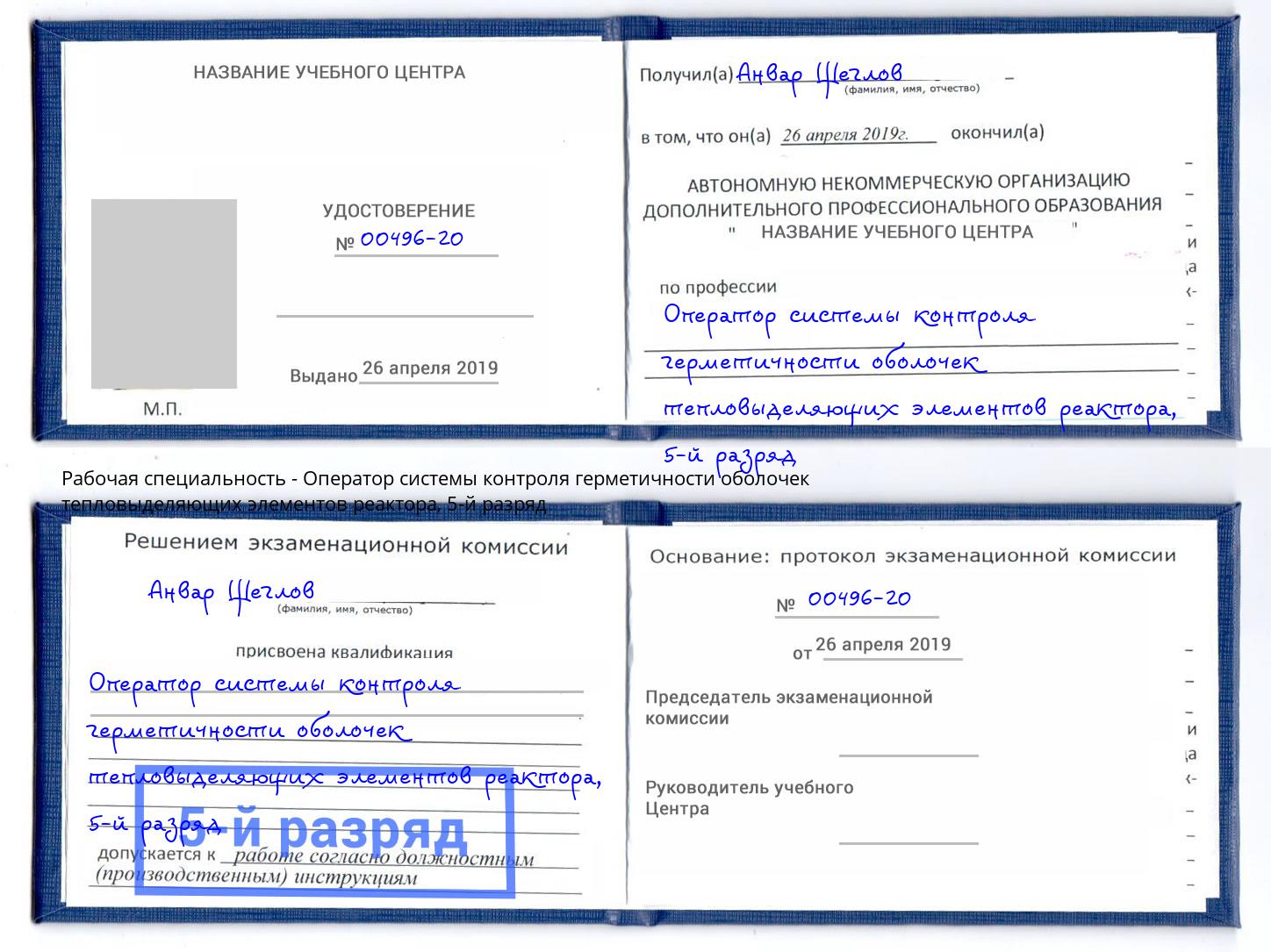 корочка 5-й разряд Оператор системы контроля герметичности оболочек тепловыделяющих элементов реактора Хасавюрт