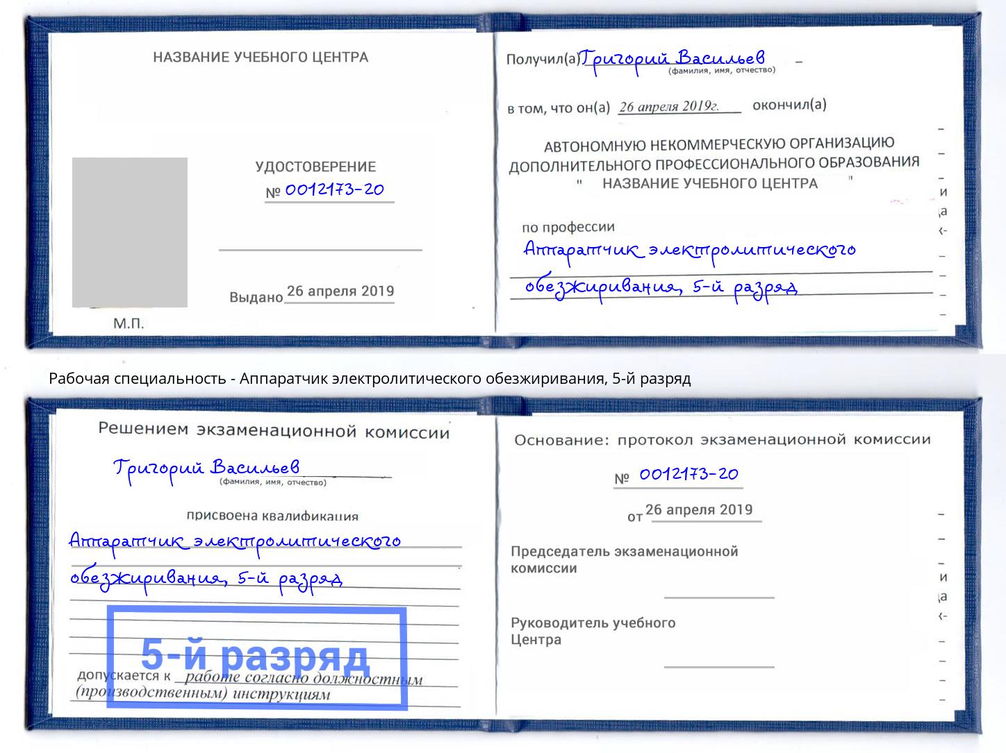 корочка 5-й разряд Аппаратчик электролитического обезжиривания Хасавюрт